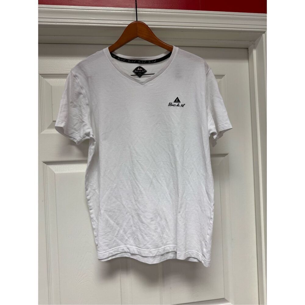 Blanc du Nil White V-Neck Collarless Polo Shirt sz XL EUC